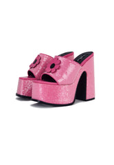 Eve Pink Sequin Flower Platform Mule Heels