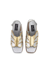 Drama Silver and Gold Metallic Butterfly Cork Platform Mid Block Heel Sandal