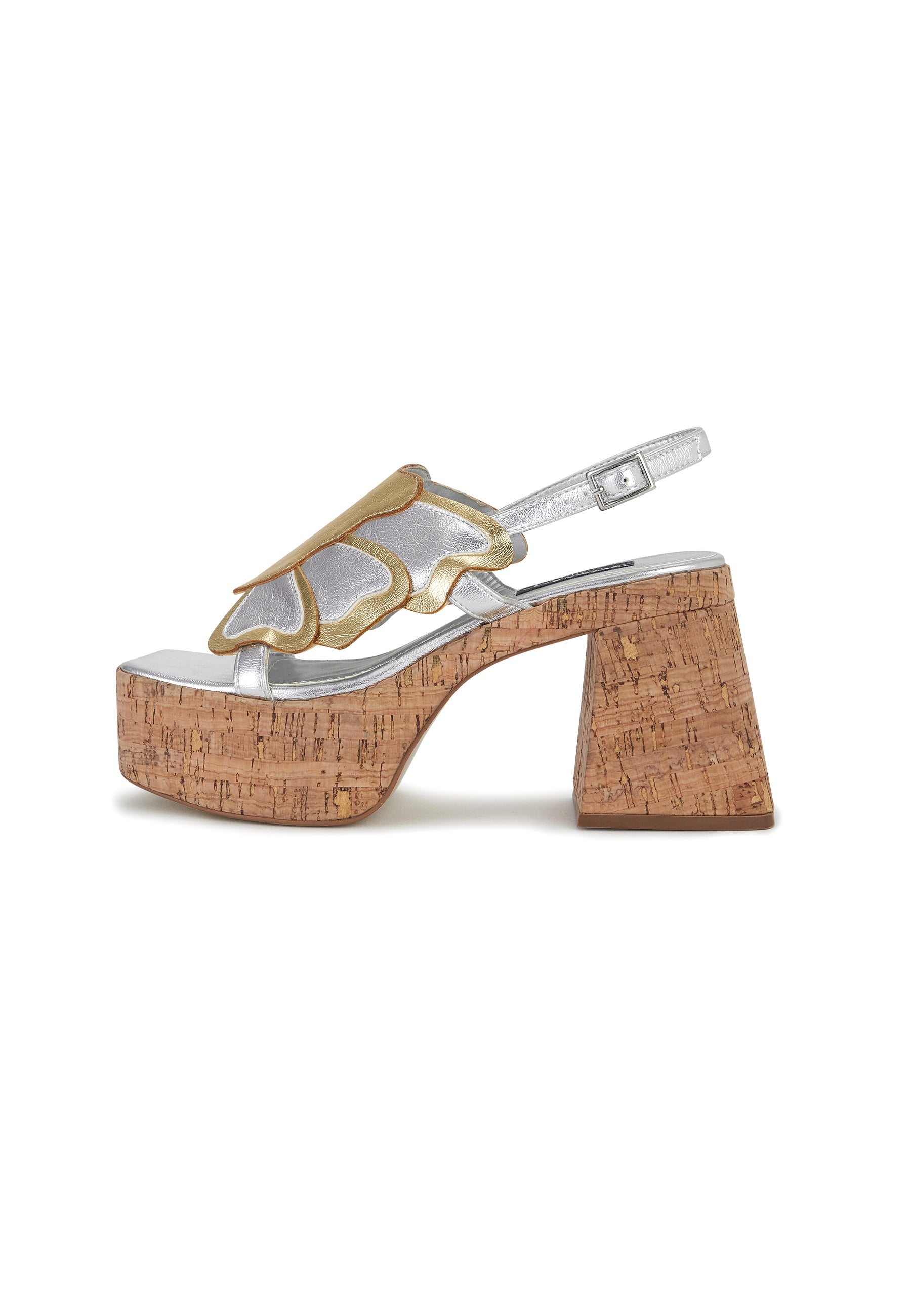 Drama Silver and Gold Metallic Butterfly Cork Platform Mid Block Heel Sandal