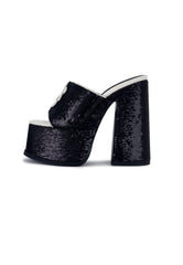 Eve Black Sequin Flower Platform Mule Heels