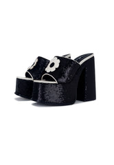 Eve Black Sequin Flower Platform Mule Heels