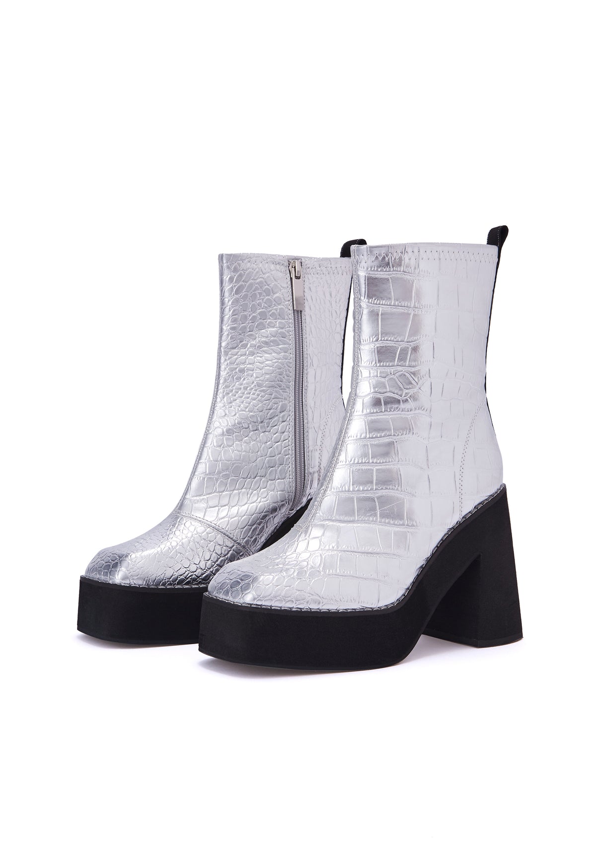 Jupe Silver Croc Platform Heeled Ankle Boot