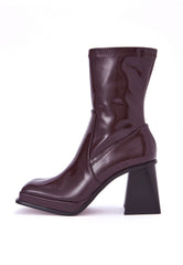 Jupiter Chocolate Brown Patent Block Heel Ankle Boot