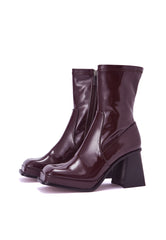 Jupiter Chocolate Brown Patent Block Heel Ankle Boot