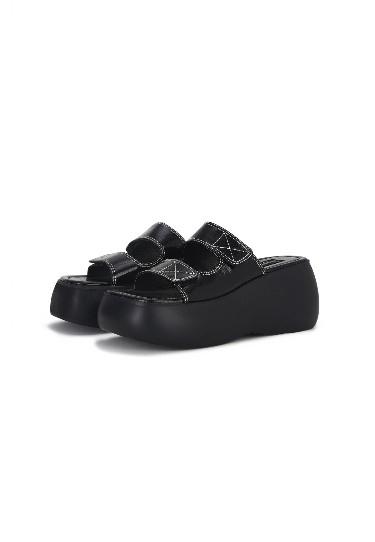 Lola Black Patent Double Strap Flatform Wedge Mule