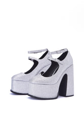 Natelle Silver Glitter Platform Mary Jane Heels